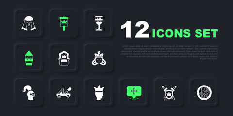 Set Shield with swords, Round wooden shield, Medieval throne, Crusade, Castle tower, catapult, flag and King crown icon. Vector