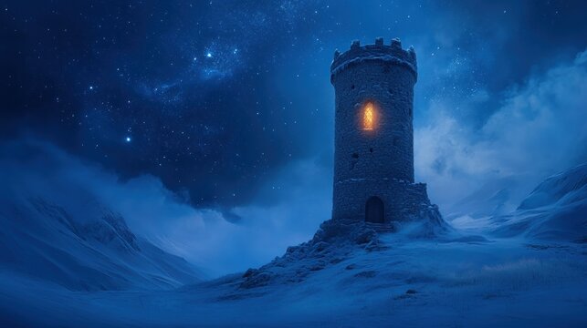 Starry night, ancient watchtower on a snowy hilltop.