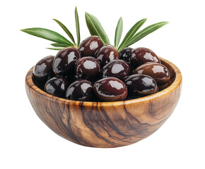 Harvesting fresh black olives in a wooden bowl gourmet food natural light top view isolated on transparent background