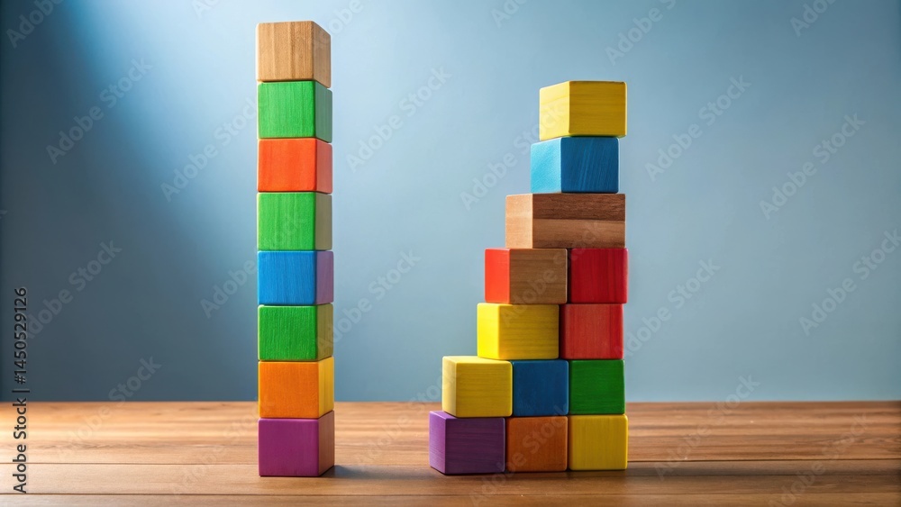 Poster A simple tower of colorful wooden blocks stands tall, while another forms a more complex structure, showcasing the contrasting approaches to building and achieving goals.