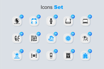 Set Radioactive waste in barrel, Neural network, Headphones, Hologram, Futuristic sliding doors, Eye scan, Global technology and Mechanical robot hand icon. Vector