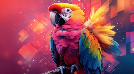 Vibrant macaw perches on branch, exhibiting scarlet, gold, and sapphire plumage in vivid coloration, isolated on a transparent background, PNG image, PNG file.