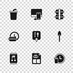 Set Restaurant cafe menu, Spoon, Round the clock delivery, Cafe and restaurant location, Lunch box, Paper glass with water, Online ordering food and icon. Vector