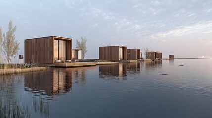 Fototapeta premium Modern wooden houses on water minimalist architecture design