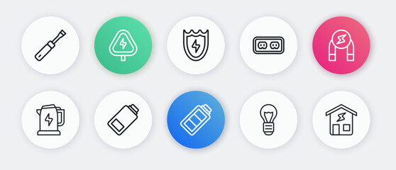 Set line Battery charge, Magnet, Electric kettle, Creative lamp light idea, Electrical outlet, Lightning and shield, Smart home and icon. Vector