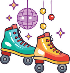A pair of roller skates with brightly colored laces, placed on a retro patterned floor