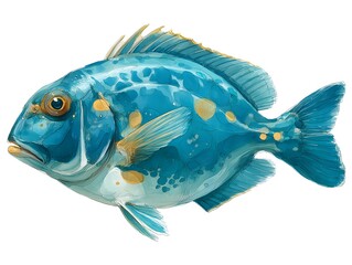 A vibrant teal and gold fish with unique spotted pattern swims against a stark white background in detailed illustration.