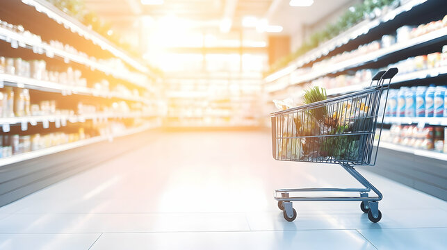 Grocery shopping cart in supermarket aisle retail advertising image