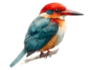 Obraz premium A vibrant watercolor painting depicts a detailed red-headed kingfisher perched gracefully on a small branch against a stark white background.