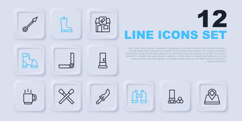 Set line Cartridges, Hunt place, Trap hunting, Binoculars, Hunter boots, Burning match with fire, Waterproof rubber and knife icon. Vector