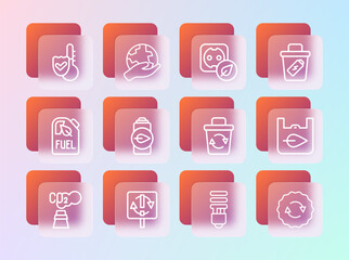 Set line Trash can, Recycle symbol, bin, LED light bulb, Eco nature leaf battery, Electrical outlet, Thermometer and Hand holding Earth globe icon. Vector