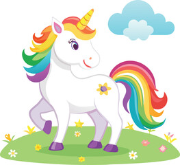A happy unicorn with a rainbow-colored mane and tail prancing in a magical meadow