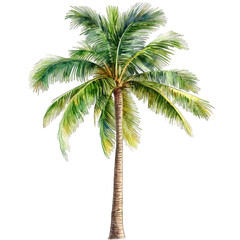 Detailed Watercolor Coconut Palm Tree Isolated on Transparent Background
