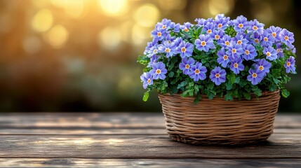 Spring flowers, wicker pot, garden bokeh, wooden table, website banner