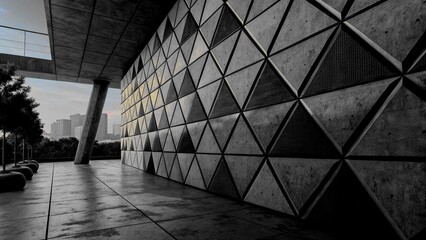 Triangular Tiles arranged to create a 3D wall. Concrete, Futuristic Background formed from Polished blocks. 3D Render       