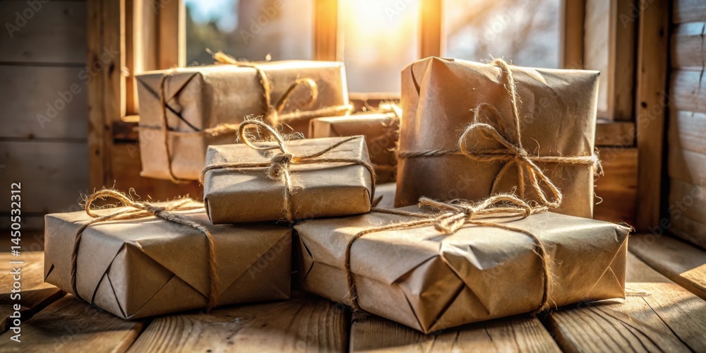 Aufkleber Rustic Craftsmanship A Collection of Presents Wrapped in Brown Paper and Secured with Twine, Bathed in Warm Sunlight on a Wooden Surface