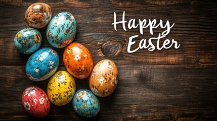 Colorful easter eggs on a dark wooden surface with happy easter text.