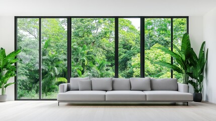 Modern living room with gray sofa and lush greenery view