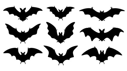 set of black bat silhouette vector on tranparent background