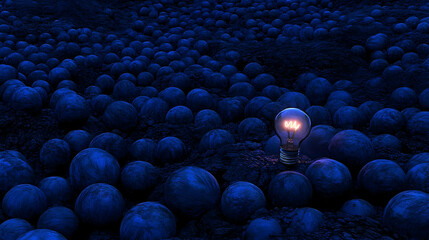 Obraz premium Illuminated lightbulb among unlit bulbs concept of ideas and innovation