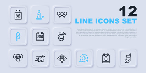 Set line Christmas day calendar, stocking, ball, Firework rocket, Carnival garland with flags, Burning candle and Snowflake icon. Vector
