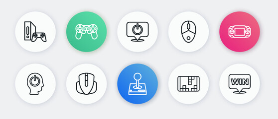 Set line Joystick for arcade machine, Portable video game console, Power button, Computer mouse, Medal and icon. Vector