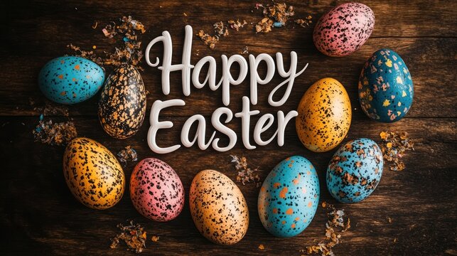 Colorful easter eggs arranged around happy easter text on a wooden surface.