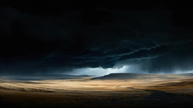 Dramatic Dark Skies Over Rural Landscape, Thunderstorm Clouds Above Serene Nature Scene
