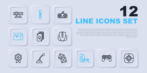 Set line Game controller or joystick, Target sport, Playing cards, console with, Chest for game, Microphone, VR and dice icon. Vector