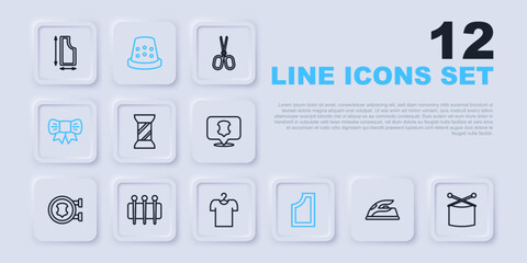 Set line Electric iron, Knitting needles, Sewing thread spool, pattern, Gift bow, Needle for sewing, Thimble and T-shirt hanger icon. Vector