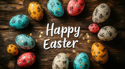 Decorated eggs arranged around happy easter text on a rustic wooden surface.