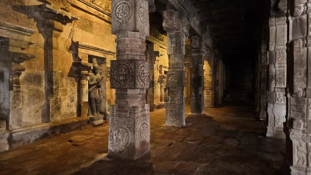 Ancient Temple Corridor with Chola Dynasty Stone Sculptures, South Indian Heritage