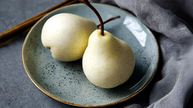 Two Asian pears on a gray plate with cloth, close-up still life.