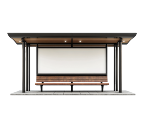 Modern bus stop design urban city architectural structure public space front view isolated on transparent background