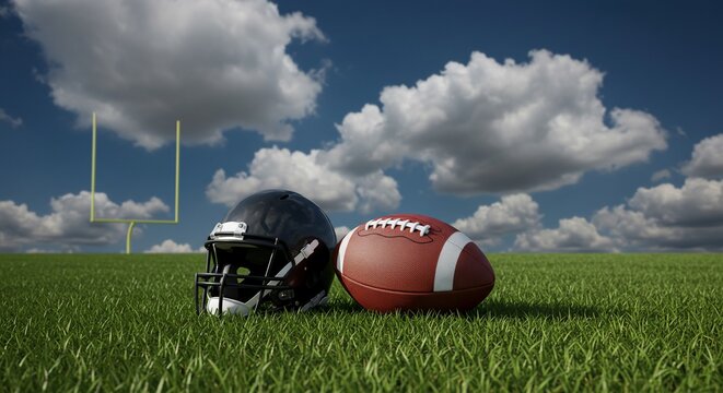 Football helmet and ball on grass field with goal post and cloudy sky in the background scene