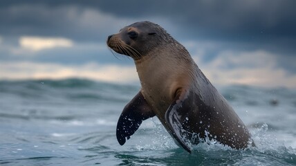 Obraz premium A young sea lion emerges from the ocean, its wet fur glistening in the sunlight. The sea lion's eyes gaze out at the horizon as it stands majestically in the water.
