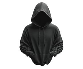 Mysterious person in black hoodie urban digital dark environment view isolated on transparent background