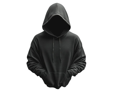 Mysterious person in black hoodie urban digital dark environment view isolated on transparent background