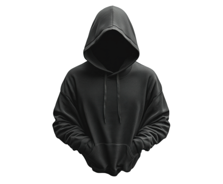 Mysterious person in black hoodie urban digital dark environment view isolated on transparent background