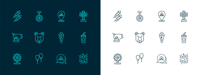 Set line Attraction carousel, Balloons with ribbon, Ice cream in waffle, Circus tent, Bear head, Firework rocket and Unicycle icon. Vector © Iryna