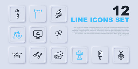 Set line Ice cream, Unicycle, Circus tent, Attraction carousel, Vintage bicycle, Dart arrow, Paper mustache stick and ticket icon. Vector
