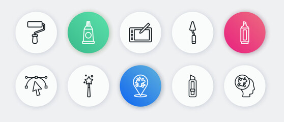Set line Paint spray, Marker pen, Bezier curve, Stationery knife, Palette, Graphic tablet, and Magic wand icon. Vector