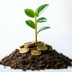 Plant growing from a pile of gold coins business and finance concept
