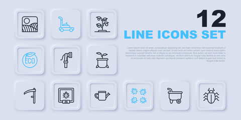 Set line Wheelbarrow, Colorado beetle, Garden hose, Eco healthy food, Lawn mower and Watering can icon. Vector