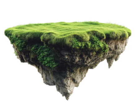 Floating green island concept nature scene fantasy environment aerial view isolated on transparent background