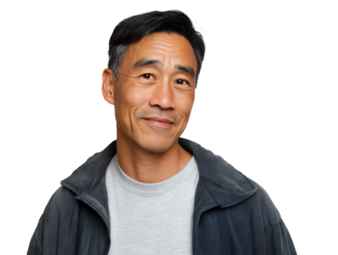 Portrait of middle-age Asian man casually dressed with soft smile, isolated on white or transparent background