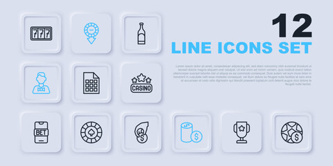 Set line Casino poker trophy cup, Football betting money, Lottery ticket, chip with dollar, dealer, chips, and Hand holding casino icon. Vector