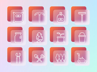 Set line Garden rake, Shovel and, Plant in pot, Fruit trees, Pack full of seeds, and Pickaxe icon. Vector