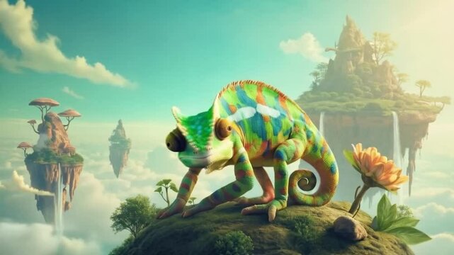 A colorful chameleon perched on a rock in front of a waterfall. Smooth repeating motion for background video animation.