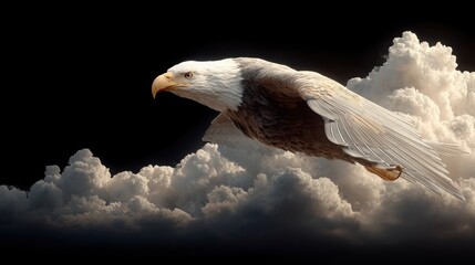 A bald eagle gliding gracefully above a digital yuan cloud embodying the spirit of freedom and modern finance